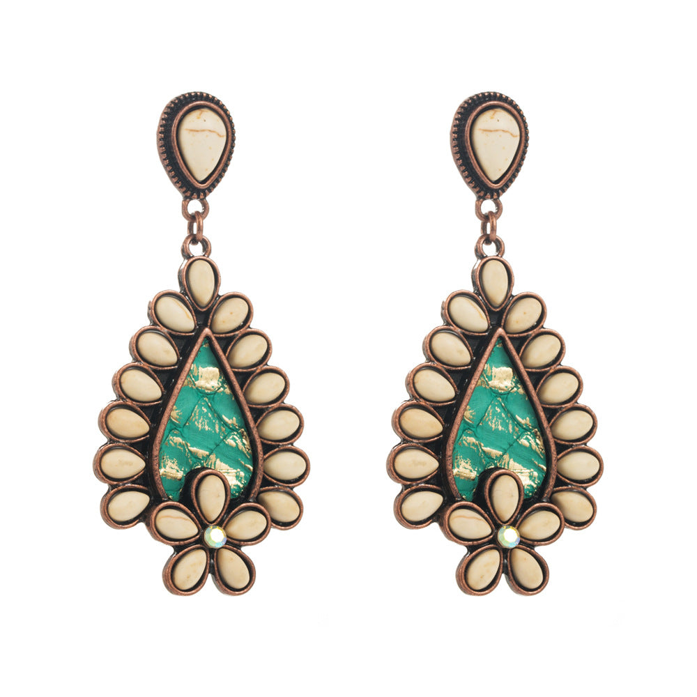 Wholesale Turquoise creative leopard print leather inlaid with turquoise exaggerated